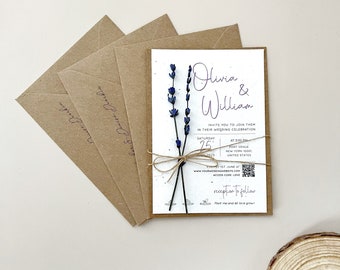 Zaproszenie ślubne z możliwością sadzenia: papier z nasionami dzikich kwiatów, lawenda, rustykalny kraft