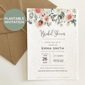 Brautpartyeinladung zum Bepflanzen, Entkerntes Papier, Florale Hochzeitseinladung, Recyclingkarten, Gedruckte Einladung mit Umschlag.