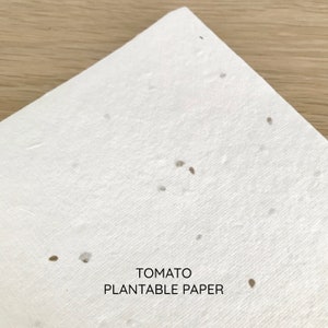 以下が含まれることがあります： トマトの種が埋め込まれた白い植栽可能な紙。紙には「TOMATO PLANTABLE PAPER」という文字が印刷されています。