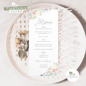 Cartão de menu plantável, menu floral de casamento, menu floral pastel, menu de papel de semente, cartões de menu impressos, ecologicamente correto