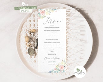 Carte de menu plantable, Menu de mariage floral, Menu floral pastel, Menu de papier de graines, Cartes de menu imprimées, écologique