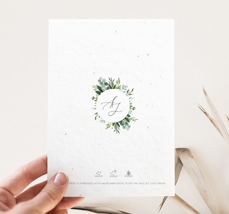 Plantable Wedding Invitation Set, Greenery, Seeded Paper invitation, rsvp and detail card, Boho Invitation, Printed Invitation envelope image 3