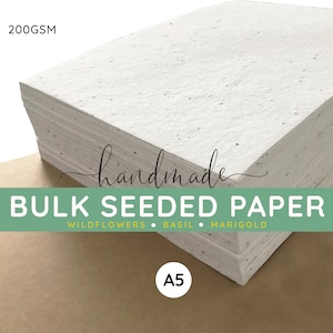 A5 plantable paper, seed flower paper, A5 handmade sheets, Blank Seeded paper, 200gsm wildflower, basil, marigold paper (Pack 10)