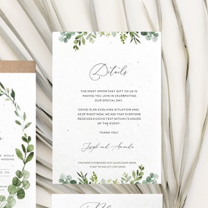 Plantable Wedding Invitation Set, Greenery, Seeded Paper invitation, rsvp and detail card, Boho Invitation, Printed Invitation envelope image 4