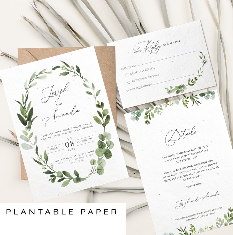 Plantable Wedding Invitation Set, Greenery, Seeded Paper invitation, rsvp and detail card, Boho Invitation, Printed Invitation envelope image 1