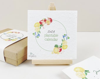 Plantable Mini Desk Calendar 2024 Wildflowers Calendar Daisy, Poppy and Celosia seeds Watercolor fruits -  Present idea - with Easel and box