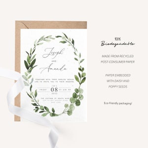 Plantable Wedding Invitation Set, Greenery, Seeded Paper invitation, rsvp and detail card, Boho Invitation, Printed Invitation envelope image 8