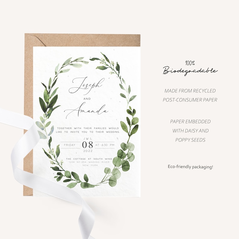 Plantable Wedding Invitation Set, Greenery, Seeded Paper invitation, rsvp and detail card, Boho Invitation, Printed Invitation envelope image 8