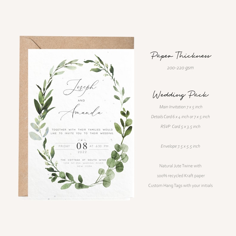 Plantable Wedding Invitation Set, Greenery, Seeded Paper invitation, rsvp and detail card, Boho Invitation, Printed Invitation envelope image 2