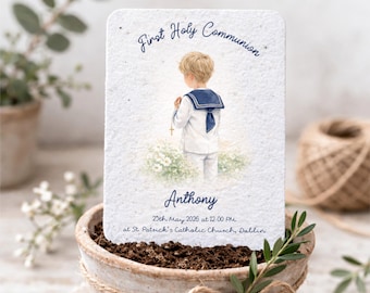 Zaproszenie na Pierwszą Komunię Świętą z możliwością sadzenia | Papier z nasionami dzikich kwiatów | Ilustracja na zamówienie (chłopiec)