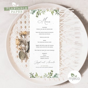 Plantable Menu Card, Boho Eucalyptus Wedding Menu, Boho Greenery floral Menu,  Seed paper Menu, Printed Menu Cards, eco friendly