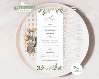 Plantable Menu Card, Boho Eucalyptus Wedding Menu, Boho Greenery floral Menu,  Seed paper Menu, Printed Menu Cards, eco friendly