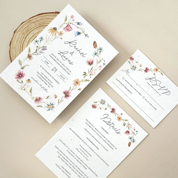 Plantable Wildflower Wedding Invitation Set -  Seed paper Invitation with Jute twine - Garden Wedding Invitations