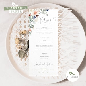 Menükarte zum Bepflanzen, Blumenhochzeitsmenü, Boho Blumenblumenmenü, Menükarten aus Samenpapier, gedruckte Menükarten, umweltfreundlich