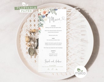 Karta menu weselnego do sadzenia: papier z nasionami kwiatów boho, ekologiczny