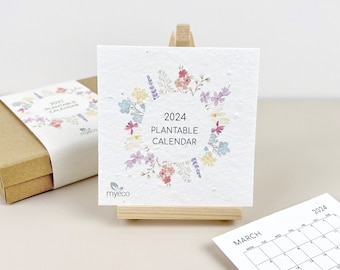 Calendrier de bureau plantable 2024 avec chevalet - Calendrier des fleurs sauvages Graines de marguerite, de pavot et de célosie Aquarelle Fleurs sauvages - Idée cadeau