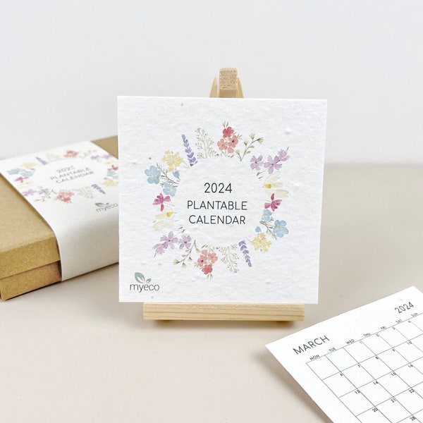 Pflanzbarer Tischkalender 2024 mit Staffelei - Wildblumen Kalender Gänseblümchen, Mohn und Celosia Samen Aquarell Wildblumen - Geschenkidee