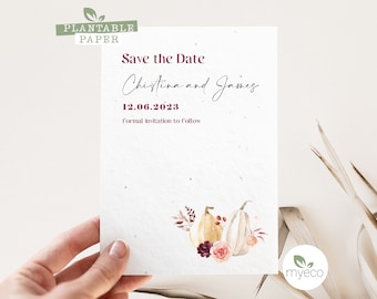 Plantable Save The Date, Pumpkin Save The Date invitation,  autumn wedding, seeded paper cards, rustic printed invitations