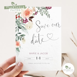 Save The Date piantumabile, invito Save The Date Borgogna, Floralsave the date, biglietti di carta seminati, inviti stampati
