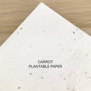 以下が含まれることがあります： 「CARROT PLANTABLE PAPER」と印刷された白い植栽可能な紙。紙には小さな茶色の種が散りばめられています。