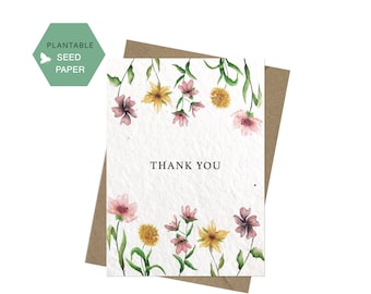 Thank you Plantable Card, Wildflowers paper, watercolor flowers, Eco friendly, Seeded Paper, thanks greeting cards, custom message