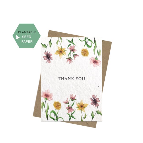 Thank you Plantable Card, Wildflowers paper, watercolor flowers, Eco friendly, Seeded Paper, thanks greeting cards, custom message