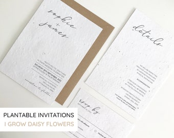 Ensemble d'invitations de mariage minimal plantable, invitations en papier ensemencé, rsvp et carte de détail, invitations simples, invitation imprimée