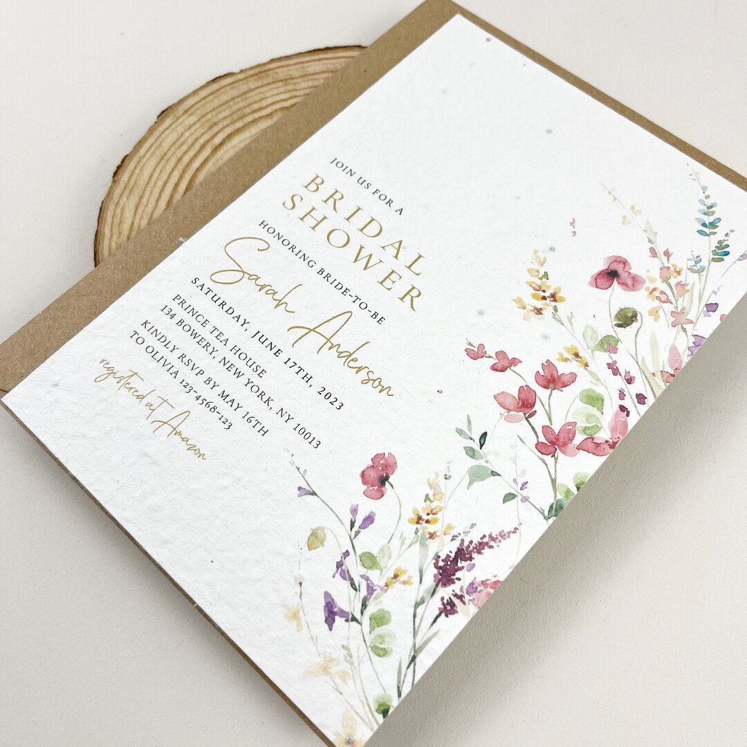 Wildflowers &amp; Gold Bridal Shower Invitation, Watercolor Wildflower Seeded Invitation, Recycled ...