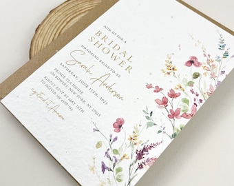 Wildflowers & Gold Bridal Shower Invitation, aquarelle wildflower seeded Invitation, Recycled Cards, Printed Bridal Invitation