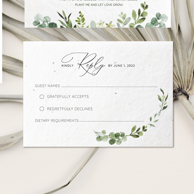 Plantable Wedding Invitation Set, Greenery, Seeded Paper invitation, rsvp and detail card, Boho Invitation, Printed Invitation envelope image 5