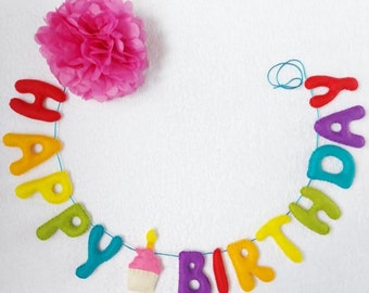 Felt Rainbow Birthday Banner Bunting - Reusable Felt Decoration - Happy Birthday Banner - Garland - Cupcake