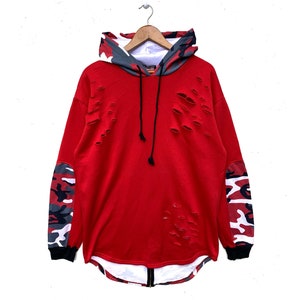 Vintage Brooklyn Crossing Hoodie Camouflage Distress Sweatshirt Red Size L Made In Usa