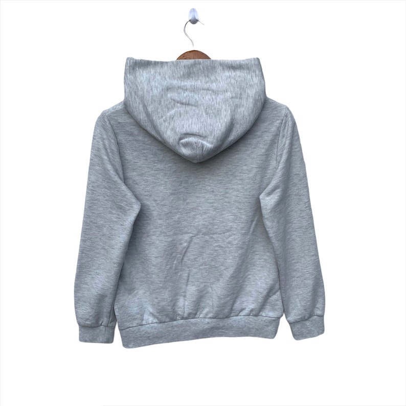 May include: A gray hooded sweatshirt with a drawstring hood. The sweatshirt has long sleeves and a kangaroo pocket.