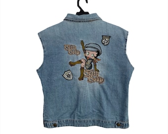 Vintage Betty Boop Embroidered Logo Denim Jeans Sleeveless Jacket Size Fit M-S