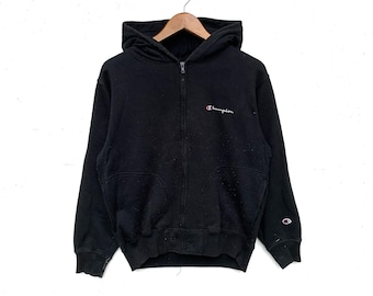 Vintage Champion Hoodie Script Logo Pullover Sweatshirt Black Size M