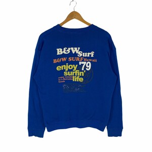Vintage B&W Surf Hawaii Enjoy Surfin Life ‘79 Crewneck Pullover Sweatshirt Blue