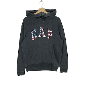 GAP Hoodie Big Logo American Flag Streetwear Pullover Sweatshirt Grey Size S Fit S-M