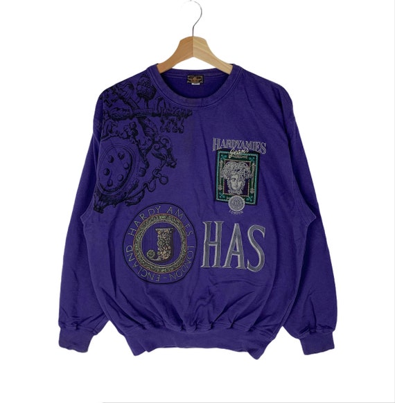 Hardy Amies, Vintage Embroidery Fullprint Hardy Amies Crewneck Pullover Jumper Purple Sweatshirt