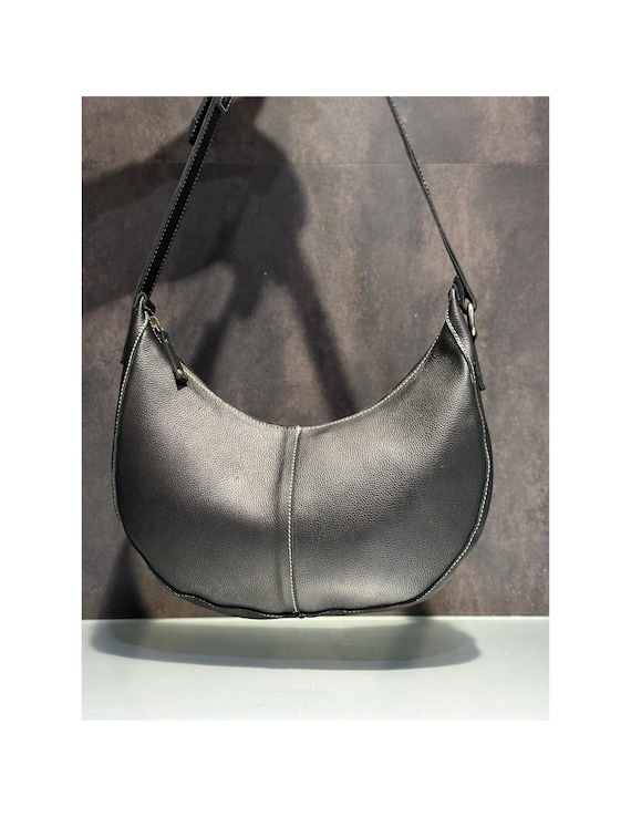 バッグ Vintage leather half moon hand bag Vintage Handmade Half Moon Leather Black Shoulder Bag, Women