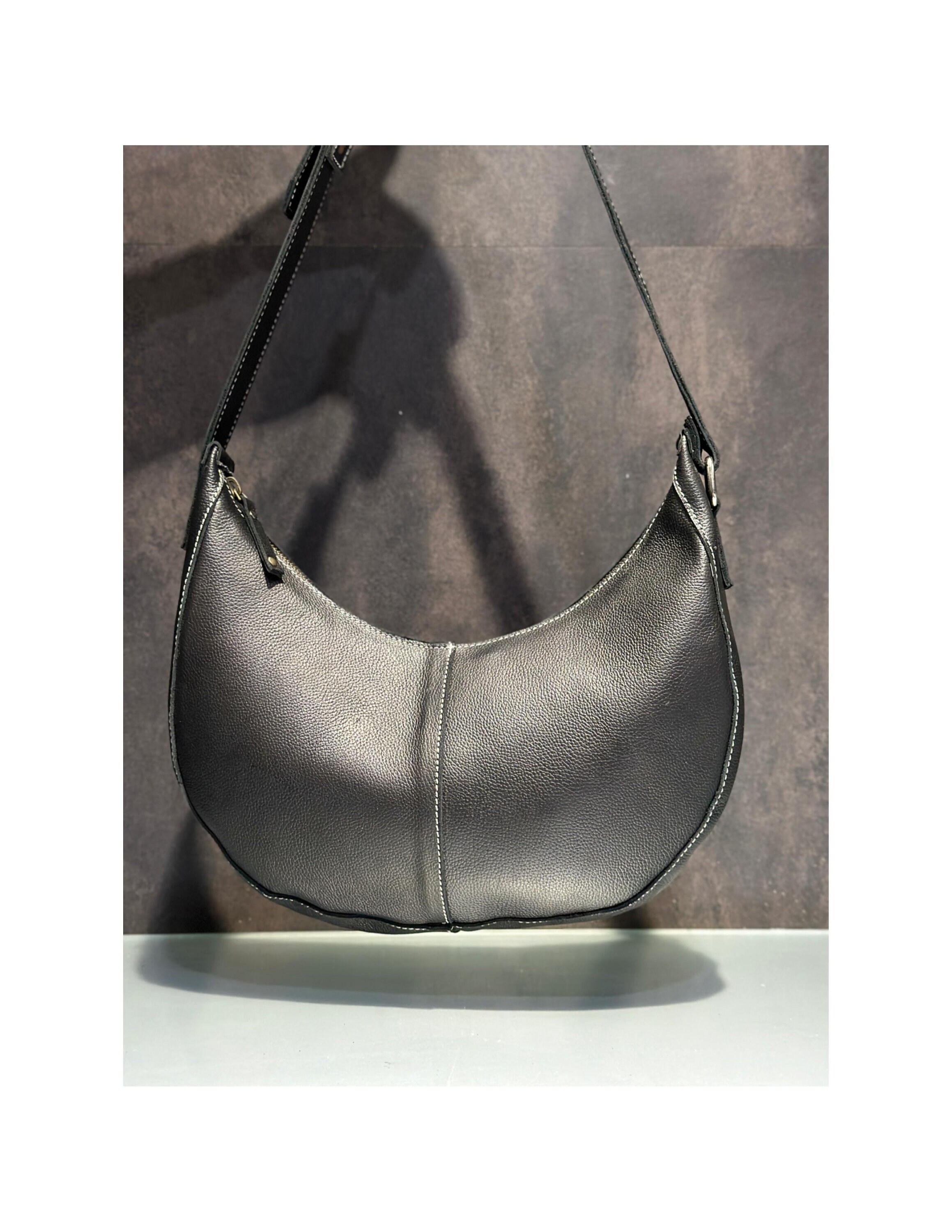 Vintage Handmade Half Moon Leather Black Shoulder Bag, Women 