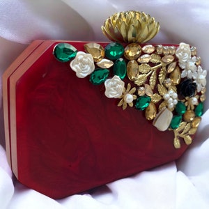Ruby Radiance: Handcrafted Red Resin Clutch with Rhinestone Accents , Evening Sling Bag, Personalized Bridal Clutch