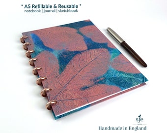 Cuaderno de bocetos recargable tamaño A5 con discos finos / Papel a elegir / Discos metálicos de oro rosa de 18 mm / Cubierta de cartón grueso resistente a salpicaduras