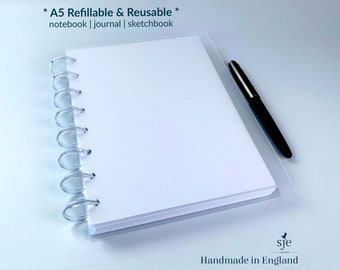 A5 Discbound Refillable Notebook, Sketchbook, Journal | Your Choice of Paper | 30mm Ø Transparent Plastic Discs | Frosted Transparent Cover