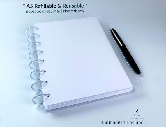 A5 Discbound Refillable Notebook, Sketchbook, Journal | Your Choice of Paper | 30mm Ø Transparent Plastic Discs | Frosted Transparent Cover
