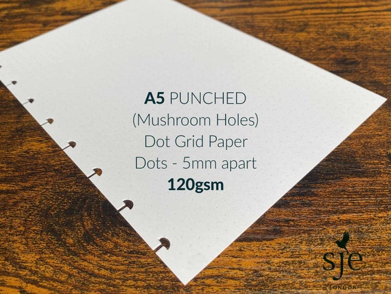 A5 Mushroom PUNCHED Dot Grid Paper for Disc binding - Bright White, Smooth, High Quality 120 gsm Paper with 5mm Spaced Grey Dots