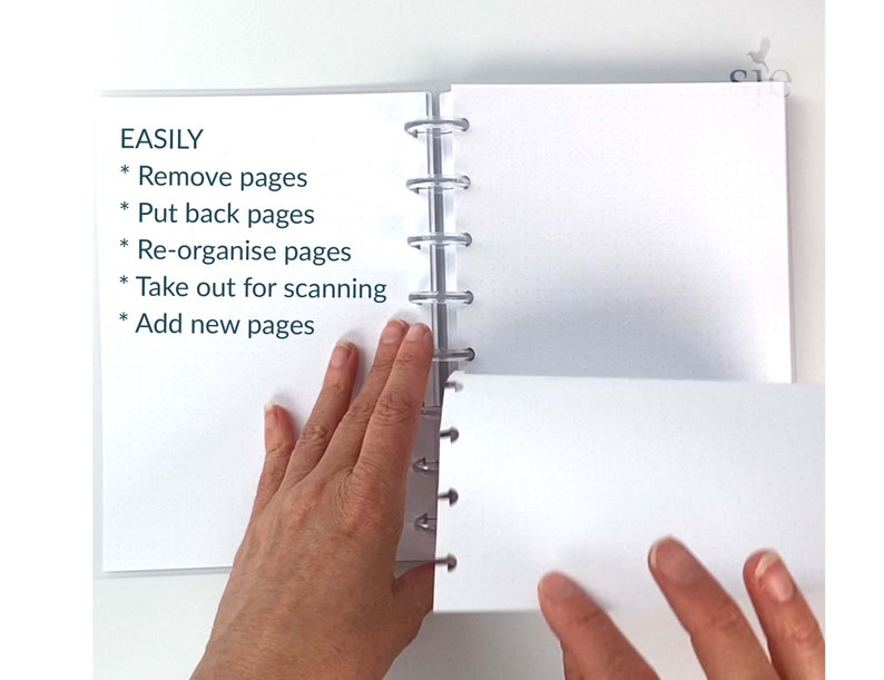 May include: A white notebook with a clear plastic binding. The notebook is open and the pages are blank. The text "EASILY" is written on the left page, followed by a list of bullet points: "Remove pages", "Put back pages", "Re-organise pages", "Take out for scanning", "Add new pages".