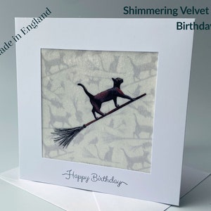 Tactile Velvet Fabric Birthday Card - Black Cat on Broomstick Design 1 - Handmade in England