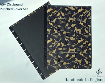 A5+ Discbound Premium Covers, Punched for Discbound Notebooks, Sketchbooks, Journals, Planners, *Gold & Black Cats-on-Broomsticks*