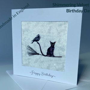 Tactile Velvet Fabric Birthday Card - Black Cat on Broomstick Design 2 - Handmade in Britain
