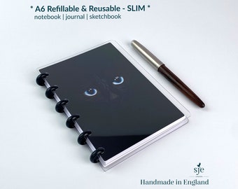 Cuaderno A6 con tapa dura, ojos de gato, recargable, hecho a mano